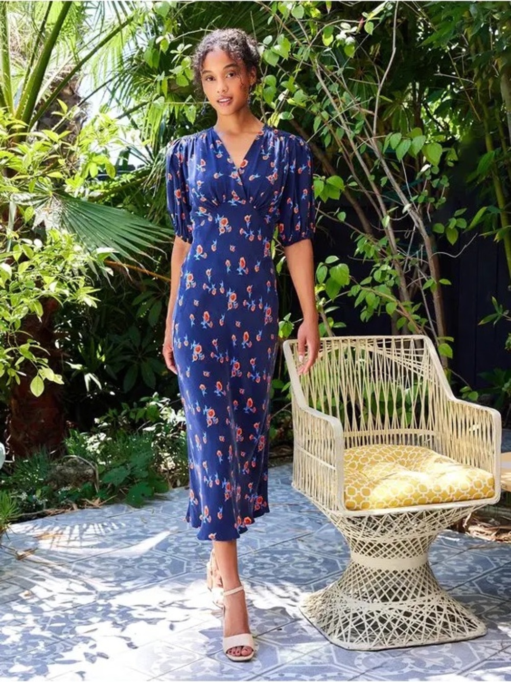 Karen Kane Bias Puff Sleeve V Neck Midi Dress Blue Floral Cupra Wedding Guest